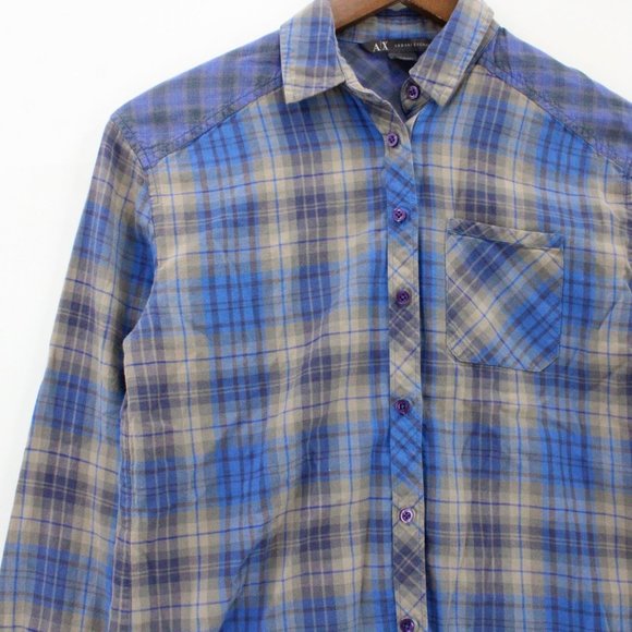 AX Armani Exchange Flannel Shirt Womens Blue Plaid Button Down Collared XS - Picture 3 of 10